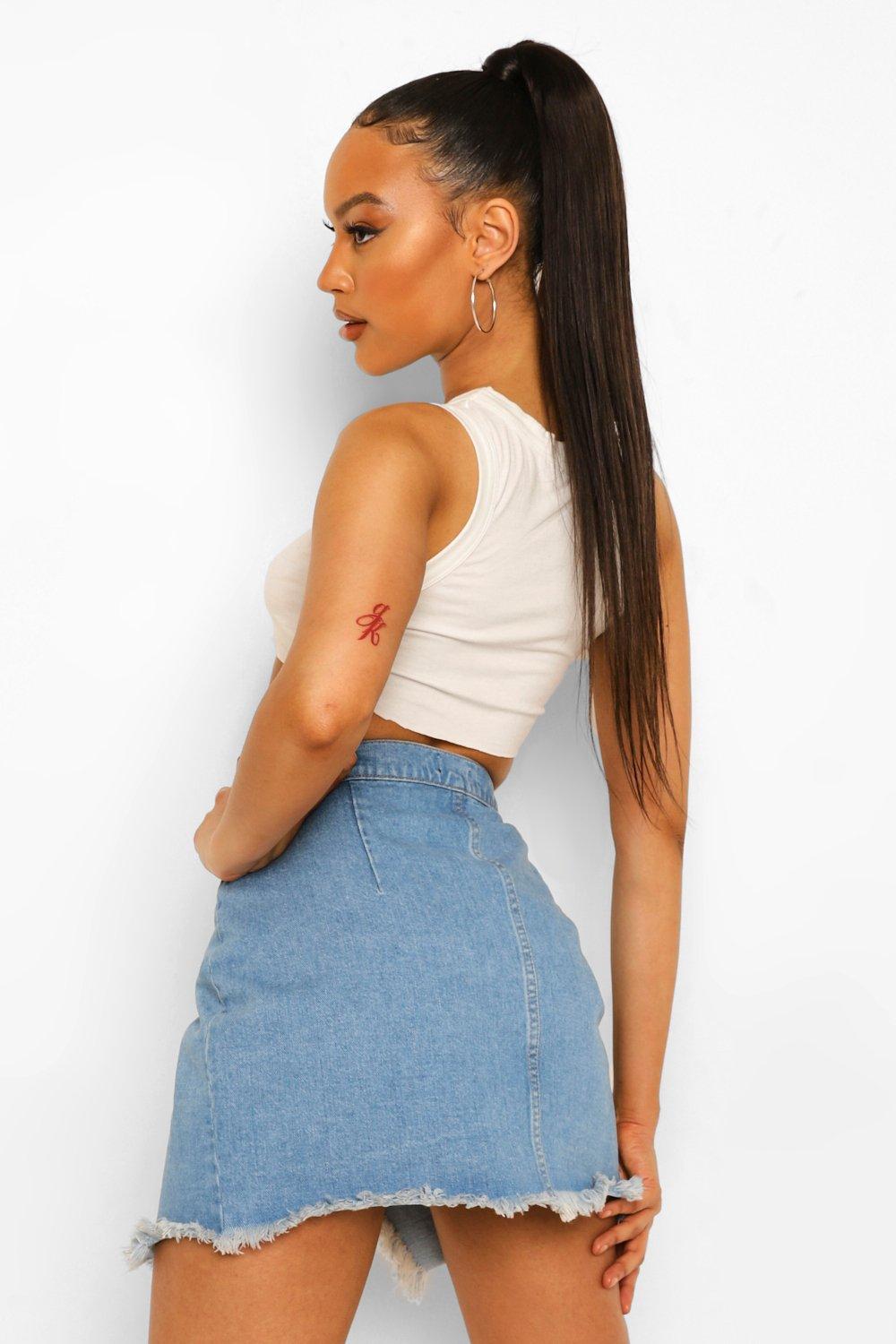 Wrap Raw Edge Denim Skirt | boohoo USA